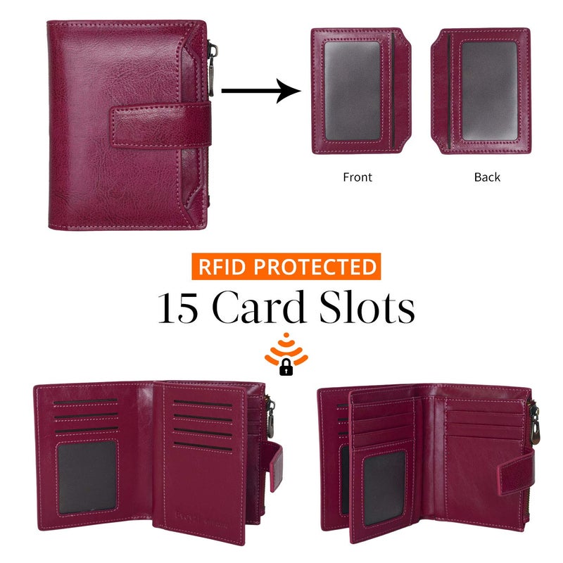 Bveyzi Women's Small Leather RFID Blocking Bifold Zipper Pocket Wallet Ladies Credit Card Slots Purse with id Window(Purple) - Image 3